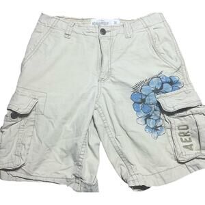 Aeropostale Men's Beige Cargo Shorts with Blue Floral Accent